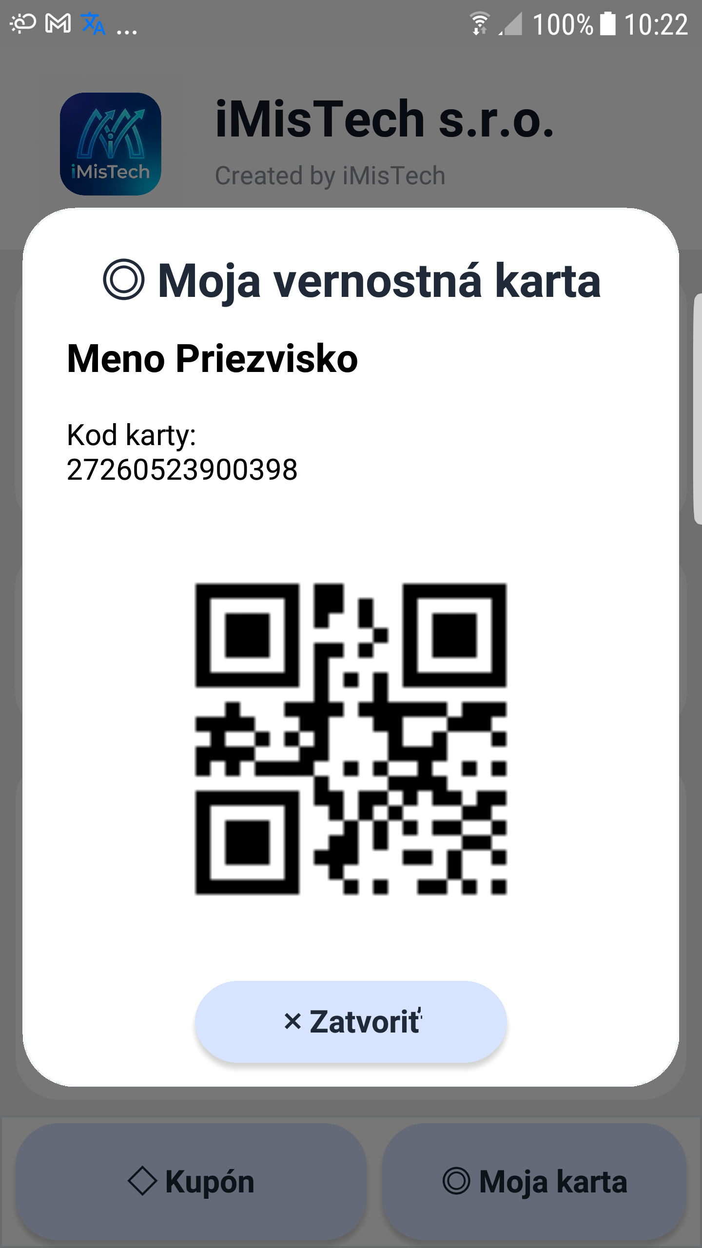 Vernostná aplikácia - obrazovka zákazníckej karty